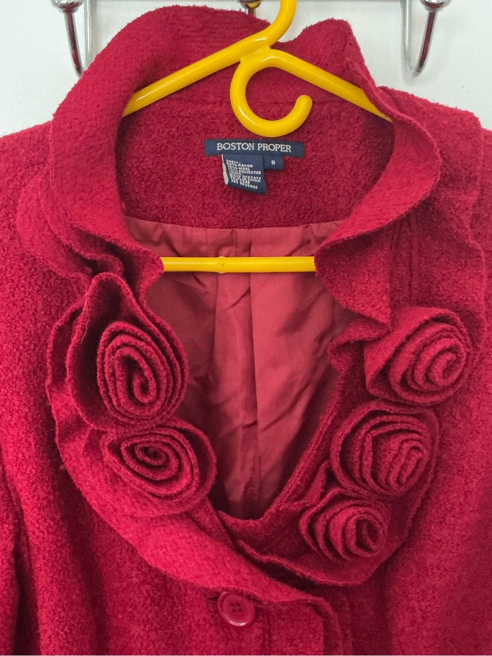 Boston Proper Red Wool-Blend Rosette & Ruffle Jacket, Size 8, Cottagecore - Picture 4 of 6